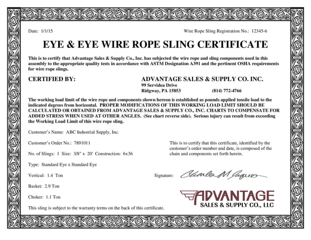 Eye & Eye Wire Rope Sling Certificate