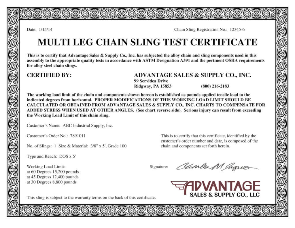 Multi Leg Chain Sling Certificate