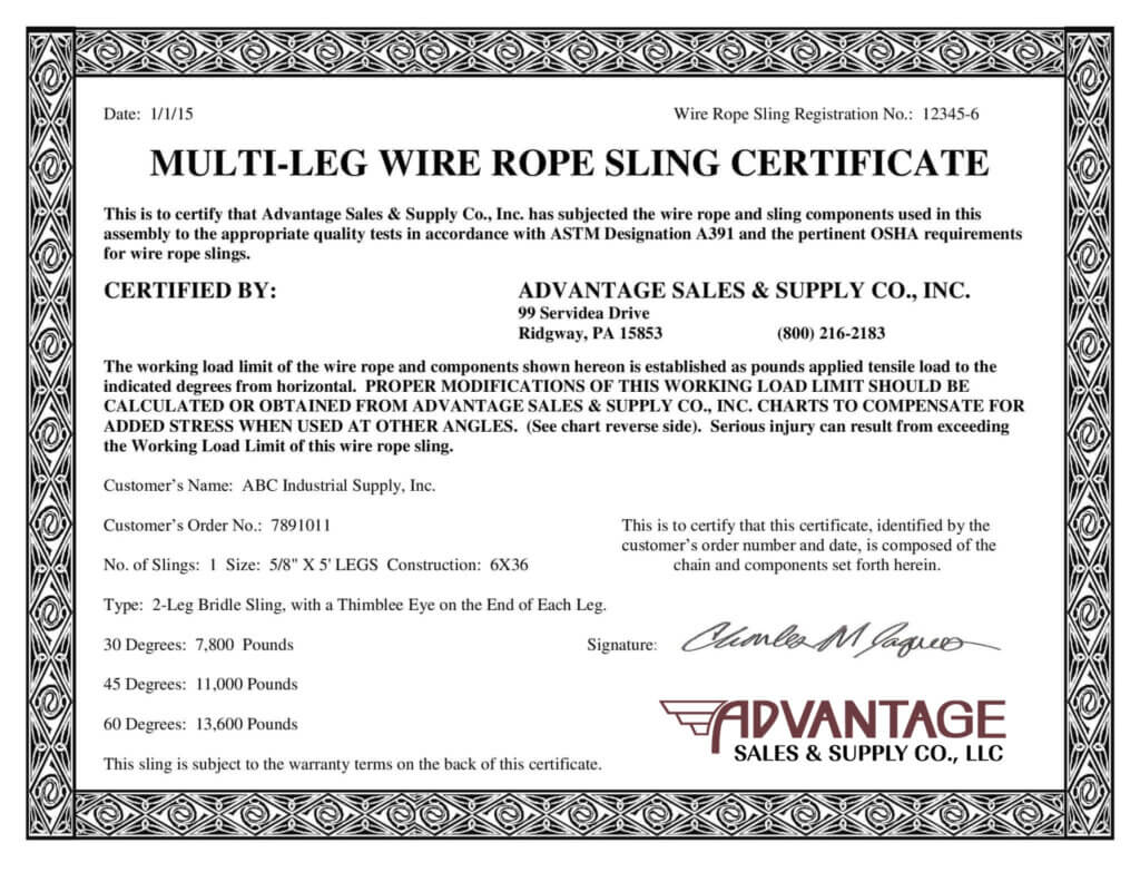 Multi Leg Wire Rope Sling Certificate