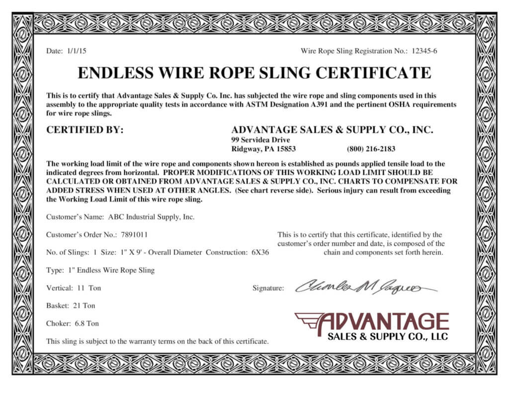 Endless Wire Rope Sling Certificate