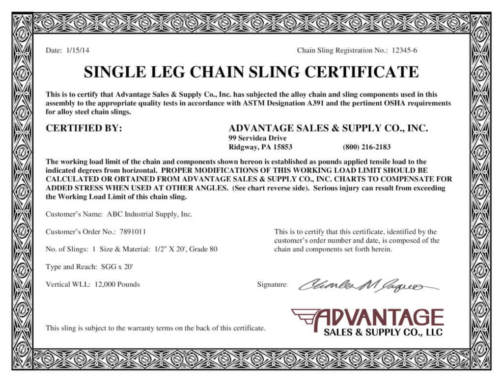 Single Leg Chain Sling Certificate